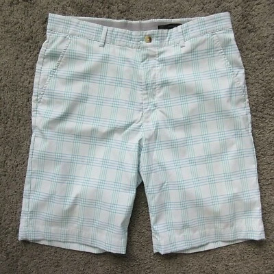 GREG NORMAN HOMBRES 34 PANTALONES CORTOS DE GOLF INFORMALES BLANCO AZUL VERDE CUADROS POLIÉSTER IMPECABLES Foto 1 de 3