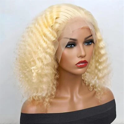 Peluca Bob 613 cabello humano 13x4 onda profunda rizada rubia bob cabello humano encaje peluca frontal Foto 1 de 4