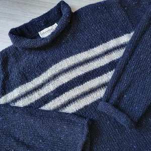 Fisherman Out of Ireland Sweater Men's M Mohair Wool Navy Blue Roll Neck Striped - Picture 1 of 14