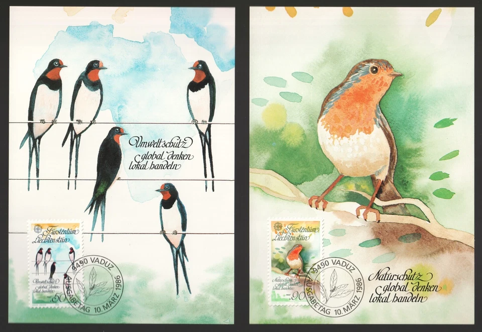 1986 Liechtenstein Europa. Birds First Day Maxi Cards Vaduz FDC. Robins Swallows - Image 1 of 1