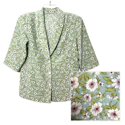 Blusa Top Retro Años 50 Hecha a Mano Talla XL Gris Azul Rojo Floral Chal Cuello Botón Foto 1 de 4