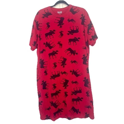 Lazy One Moose Nightshirt Red Black Sleep Shirt One Size Cotton Rustic Cabin - Image 1 of 4