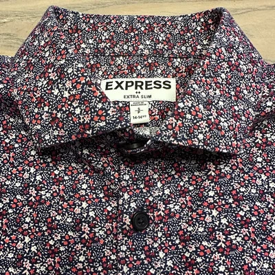 Express Blue Pink Red Floral Shirt Mens S Extra Slim Fit Button Up Long Sleeve - Image 1 of 4
