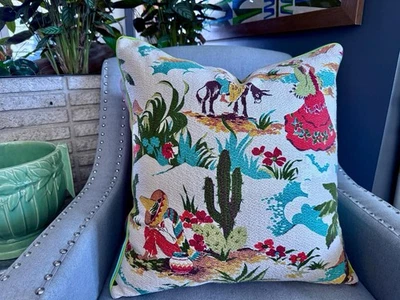 Siesta Mexican Kitsch 1950's Mid Century Barkcloth Vintage Fabric PILLOW Cover - Image 1 of 4