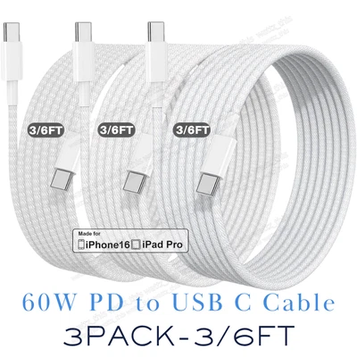 3Pack 6Ft 3Ft For iPhone 15 Pro 16 Plus USB C To USB C Fast Charger PD 60W Cable - Image 1 of 4