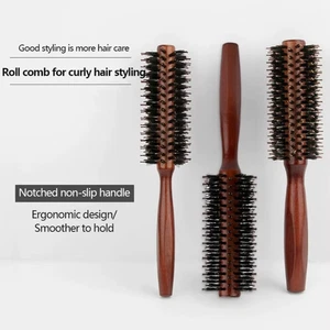 Wooden Round Hair Brush Hairbrush Wood Natural Boar Bristle Styling Brush NEW UK - Picture 1 of 6