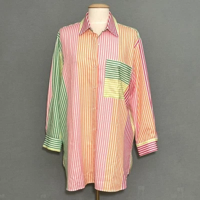 Camisa Davi&Dani feminina listrada manga longa botão para baixo colorida M - Imagem 1 de 4