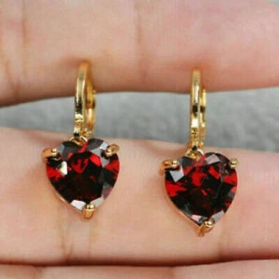Pendientes colgantes solitario granate rojo corte corazón 4 quilates acabado oro amarillo 14K Foto 1 de 4