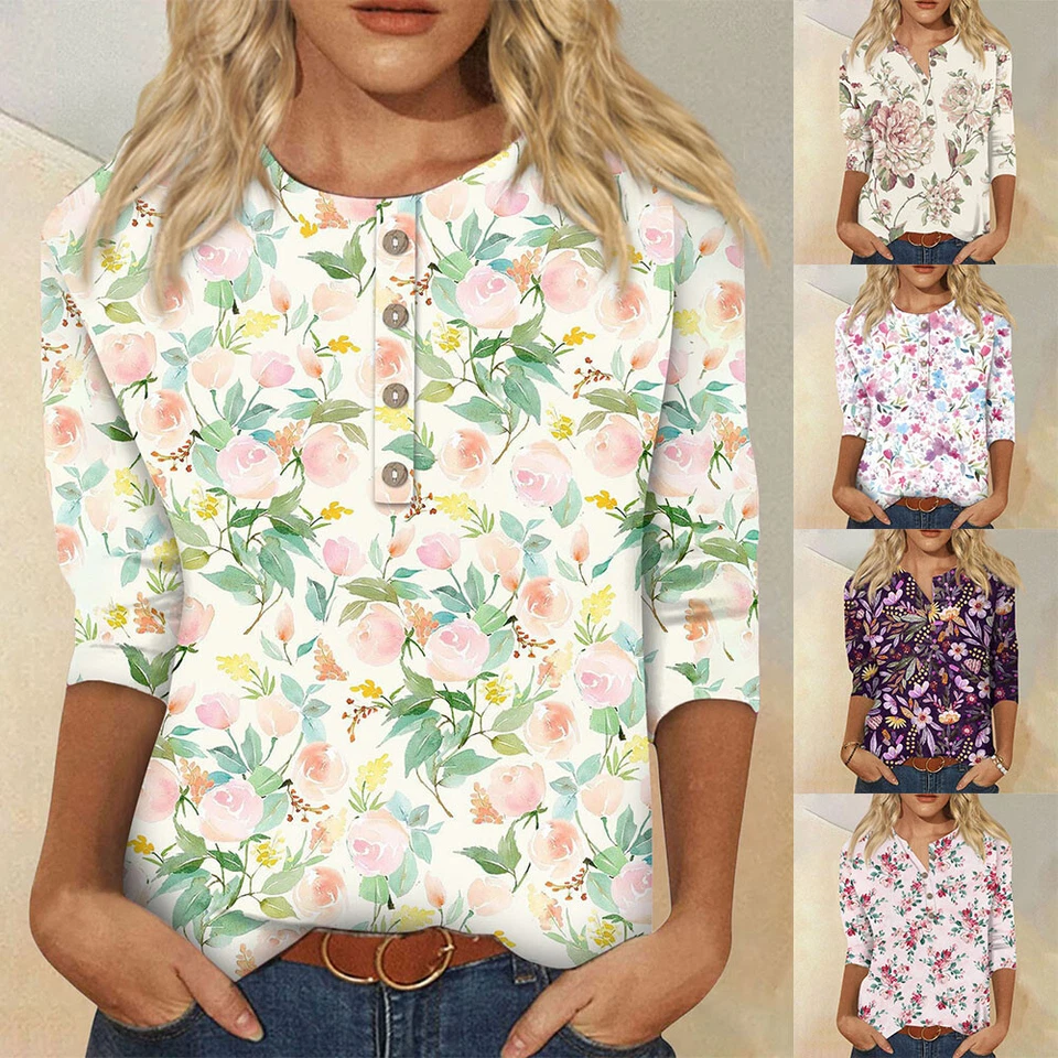3/4 Length Sleeve Womens Tops Casual Loose Fit V-neck Shirts Floral Tunic Top * - Изображение 1 из 4