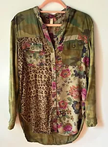 EUC~PILCRO ANTHROPOLOGIE CAMO FLORAL LEOPARD MIXED PRINT TUNIC TOP SHIRT*XS - Picture 1 of 3