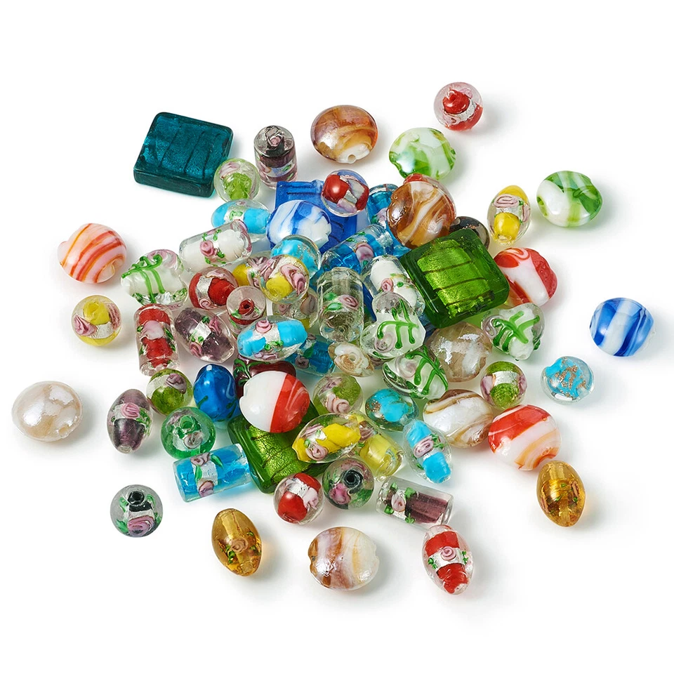 120pc/Box Handmade Silver Foil Lampwork Glass Beads Mixed Shape Colorful 11~20mm - Image 1 of 4