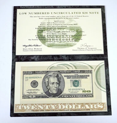 SERIES 1996 LOW NUMBERED UNCIRCULATED $20 NOTE AG 00002634 A - Image 1 of 4