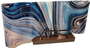 15" X 6" FUSED RUFFLED ART GLASS TRAY SWIRLED COBALT BLUES PURPLES GRAYS - Picture 1 of 8