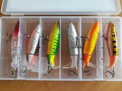 6 SEÑUELOS DE PESCA TOPWATER - CAJA DE APAREJOS COLA GIRATORIA FLOTANTE WHOPPER PLOPPER Foto 1 de 4