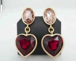 LabCreated 4CT Heart Shape Garnet/Morganite Drop Earrings 14K Yellow Gold Plated - Picture 1 of 4
