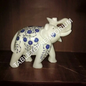 7" Marble Trunk Up Elephant Lapis Inlay Floral Arts Show Piece Patio Decor E1102 - Picture 1 of 5