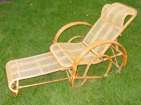 Vintage Pier 1 MCM Pretzel Bentwood Rattan Reclining Lounge Chair w/ Ottoman Cover