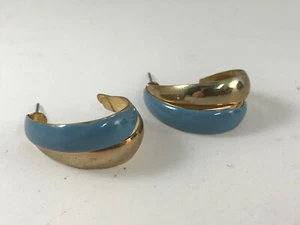 Vintage Estate Costume Jewelry Earrings Blue & Gold Color Double Half-Loop - Picture 1 of 4