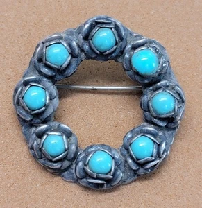 Vintage Sterling Silver And Turquoise Circle Of Roses Brooch Pin - Picture 1 of 3