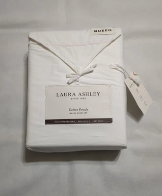 Laura Ashley 100% Cotton Percale Embroidered Heart Pink Queen Sheet Set - Image 1 of 4