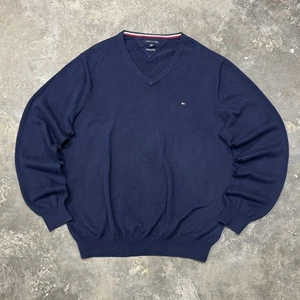 Tommy Hilfiger Navy V-Neck Knit Sweater Flag Logo Men’s XL Cotton Classic - Bild 1 von 8