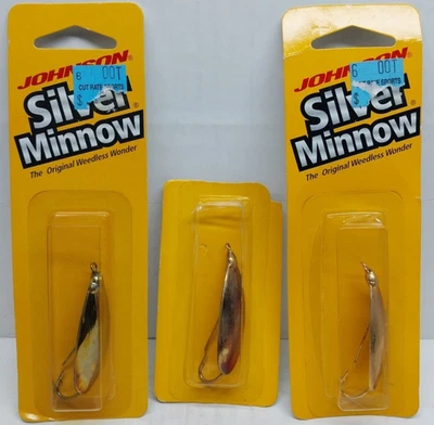Lot of 3 Johnson Silver Minnow Original Weedless Wonder Gold Spoon Lure 1/8oz - Image 1 of 4
