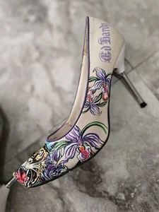 ED HARDY GRAPHIC TIGER FLORAL LOVE WOMEN'S METAL HIGH HEEL Sz 6 - Picture 1 of 9