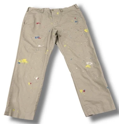 RECENT! POLO RALPH LAUREN 38X28 ARTIST PAINT SPLATTER DISTRESS KHAKI CHINO PANTS - Image 1 of 4