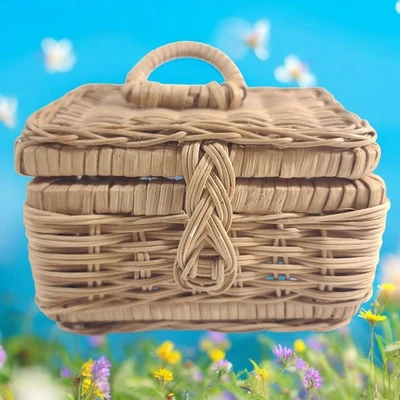 Lot Of 2 Small Weaved Closing Wicker Baskets Tan/Brown  - Image 1 of 4