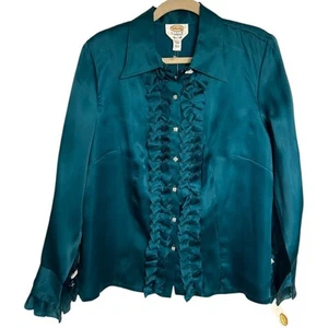 Talbots Y2K Silk Tuxedo Ruffle Button-Down Blouse Womens Size 12W Rhinestone NEW - Picture 1 of 7