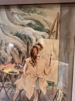 VTG 40s 50s Watercolor Cajun Girl Child Painting Louisiana Bayou By CECILE LAMB - Image 1 of 4