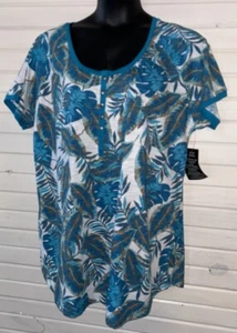 NWT Woman Within Sz PLUS 1X 22/24 Turquoise Tropical Palms Cotton Henley Top - Picture 1 of 11