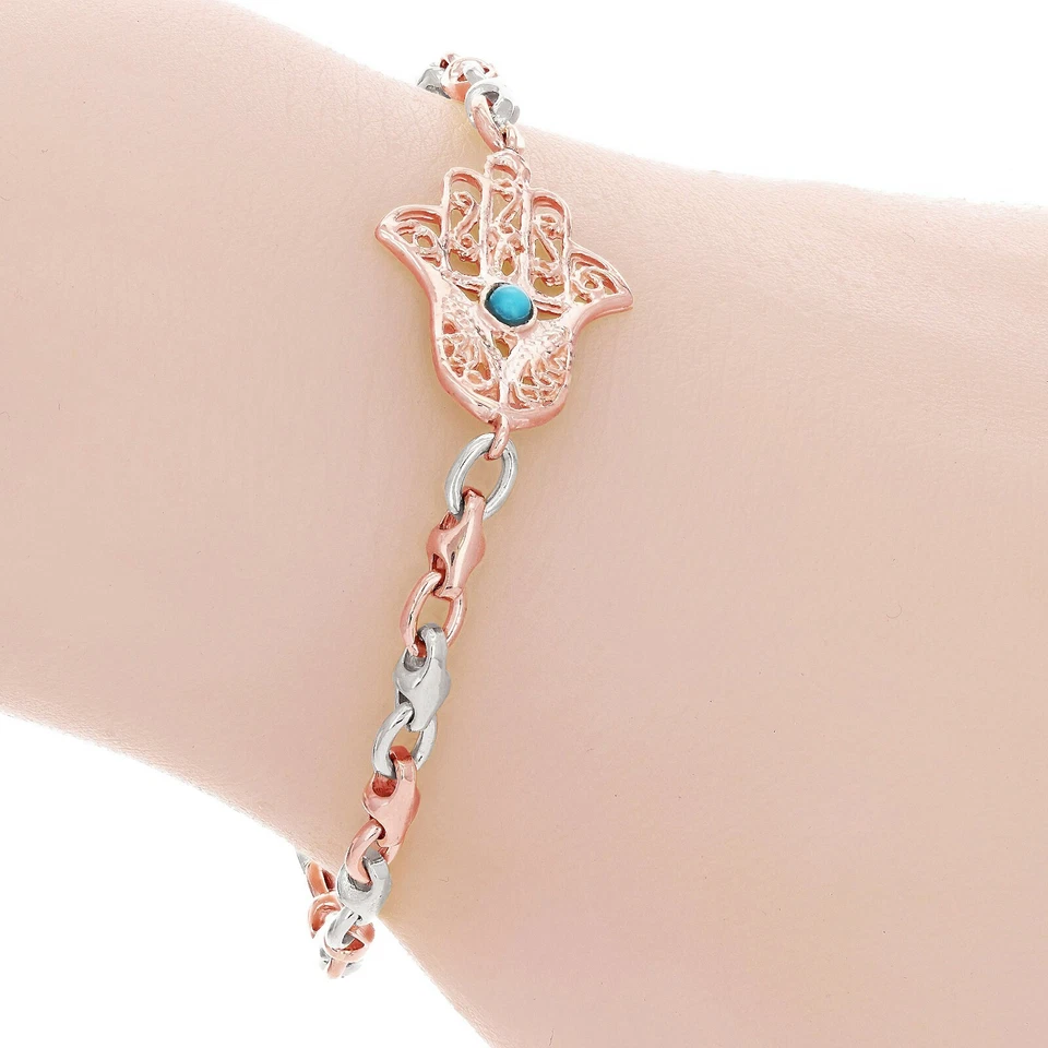 14k Two Tone Gold Hand of Fatima Hamsa Charm Bracelet with Turquoise 7" 9.5grams - Image 1 of 4