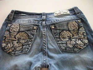 MISS ME Women's Denim Rhinestones FLEUR Mid Rise Standard Skinny Blue Jeans 28 - Picture 1 of 10