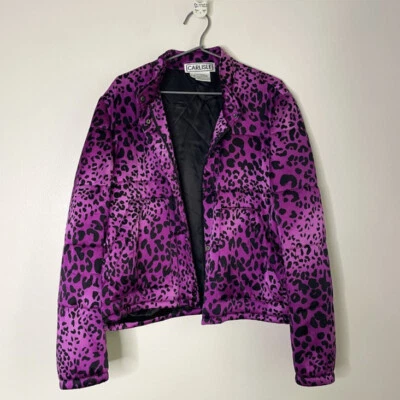 Chaqueta Bomber Retro Carlisle Estampado Animal Seda Vintage Púrpura Talla 16 Funky Foto 1 de 4
