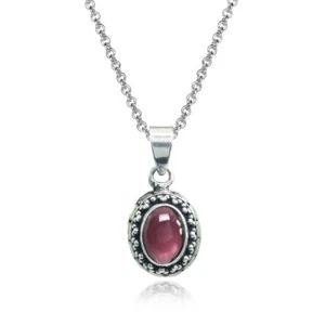 Oval Simulated Cabochon Garnet Thick Oxidized Bali Dainty Necklace in 925 Silver - Picture 1 of 3