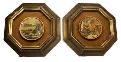 Vtg Pair Pictorial Prints Gold Framed Octagon Velvet Shadowbox Landscape Village - Image 1 of 4