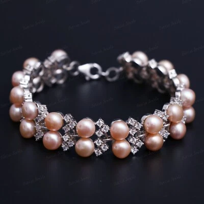 Natural 7 MM Round Pink & White Pearl Gemstone 925 Sterling Silver Bracelet - Image 1 of 4