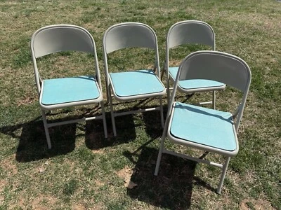 🍊Lote De Colección de 4 Sillas Plegables MCM Durham Metal con Asientos Vinilo Verde Beige Foto 1 de 4