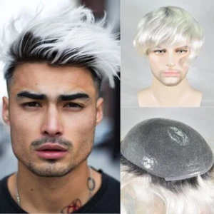 PU0.06-0.08 1BT60R Hair Mens Toupee Black Roots Ombre Platinum Blonde 8x10inch - Picture 1 of 6
