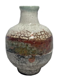 Jarrón de cerámica artística Raku Studio firmado blanco cobre verde azulado gris 7”x4” pesado - Imagen 1 de 17