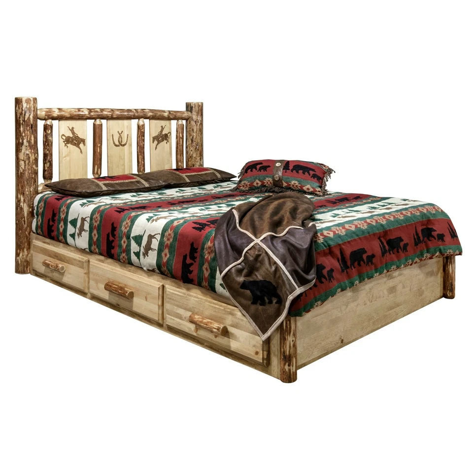 Rustic Log Platform Bed with Storage Drawers KING SIZE Unique Headboard Etching Foto 1 de 1