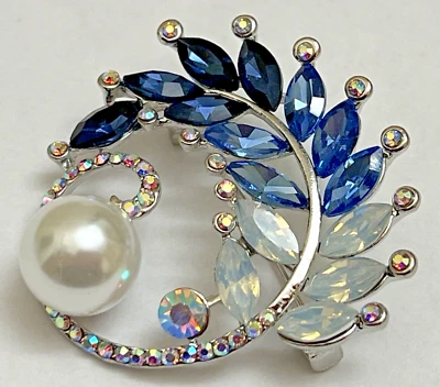 Flower Crystal Rhinestone Brooch Pin Clear Glass Vintage Leaf Bird Feather Blue - Image 1 of 4