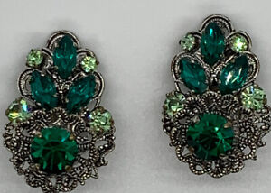 Vintage West Western Germany Green Filigree Jeweled Crystal Earrings