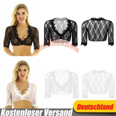 Damen Sexy Spitze Dirndlbluse 3/4 Arm Trachten Bluse Oktoberfest Wrap Crop - Bild 1 von 4