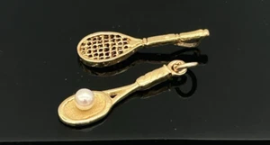 Vintage 14k Solid Gold Dolan Bullock Pearl Ball Tennis Racquet Pr Pendant Charms - Picture 1 of 4