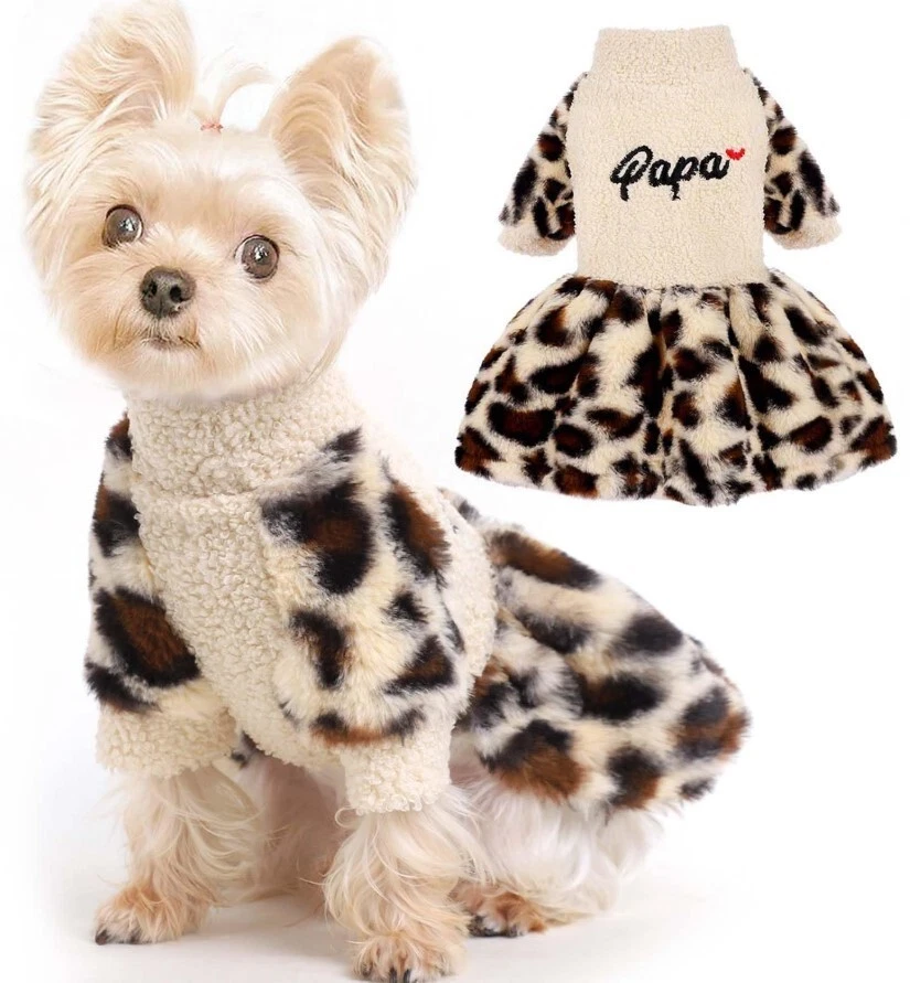 Dog Sweater Clothes for XXS extra small Dress Warm Fleece Leopard pattern Beige - Image 1 of 4