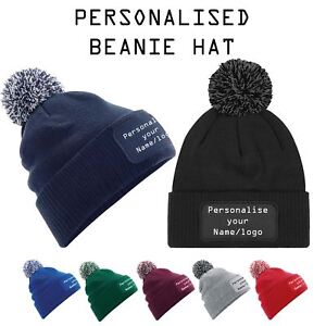 Personalised Unisex Printed Beanie Hat Custom Name Logo Pompom Winter Headwear