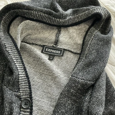 Express Hooded Men Sz M Grey Black Cardigan Sweater Cotton Pockets Preppy Comfy - Image 1 of 4