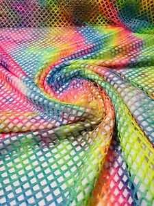Rainbow big fishnet diamond mesh tie dye with silver glitter 4 way stretch-Yard
